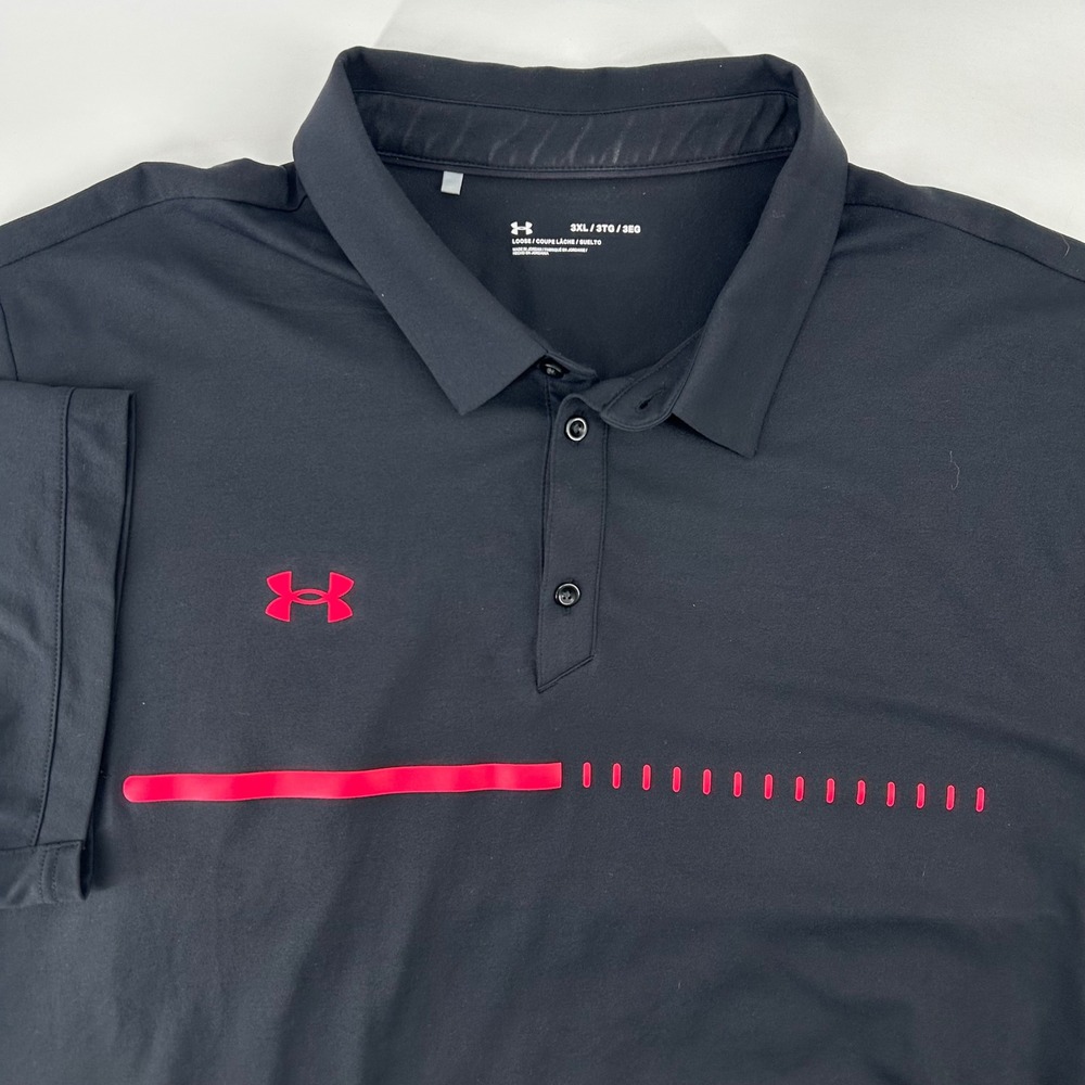 Under Armour Polo Shirt Mens 3XL Black Pink Graphic Stripe Loose Fit Performance